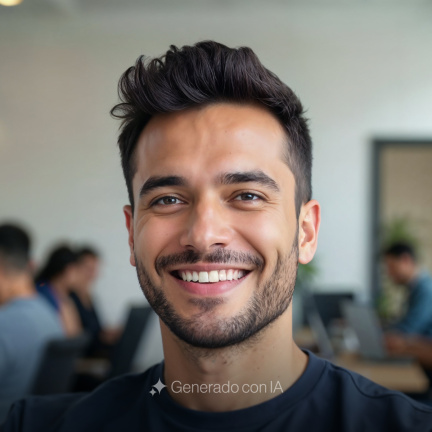 Hombre sonriente en primer plano con equipo de trabajo al fondo usando computadoras, en un entorno difuminado que representa el ambiente colaborativo y tecnológico de BIT Technologies.