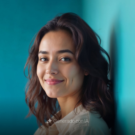 Mujer sonriente en primer plano y medio perfil, recargada en una pared azul, evocando profesionalismo y cercanía como parte de BIT Technologies.