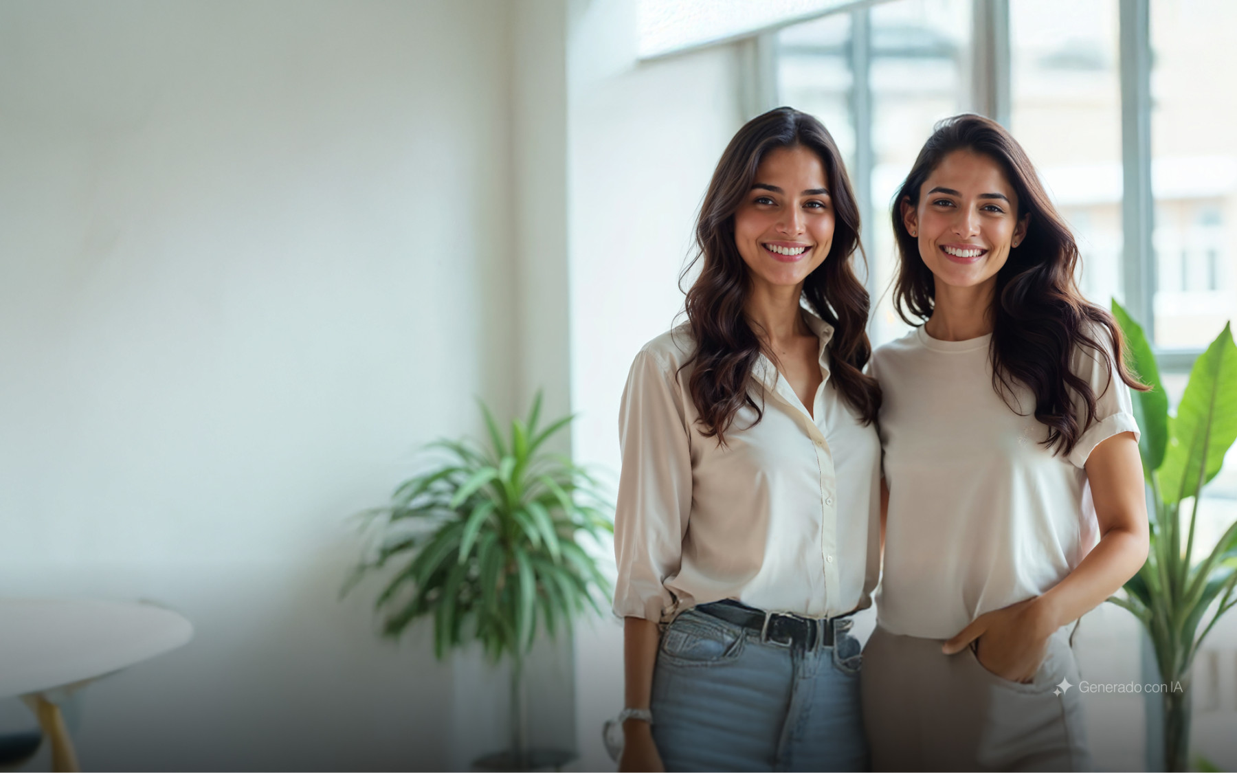 Dos mujeres sonrientes mirando al frente con actitud inspiradora y segura, dentro de una oficina moderna que representa el entorno humano y profesional de BIT Technologies.