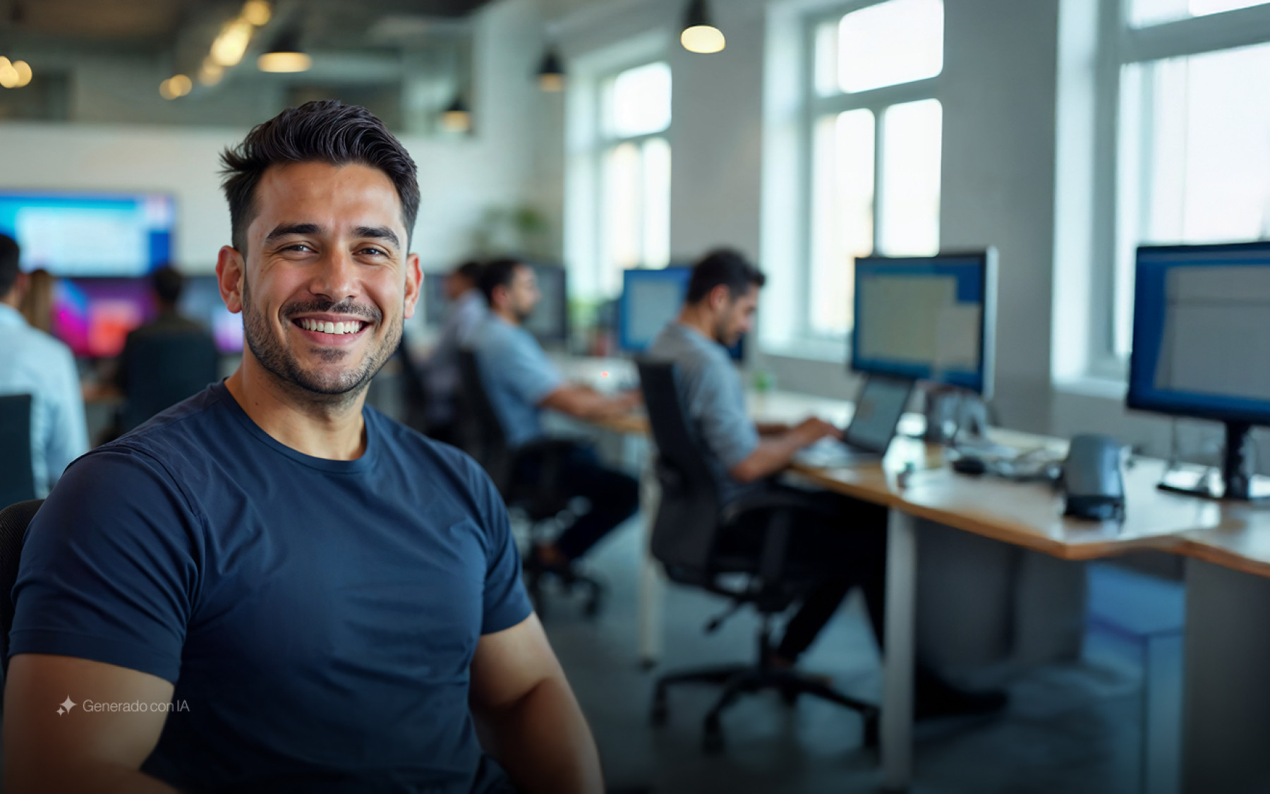 Ambiente laboral positivo con un joven sonriente y equipo concentrado en laptops, imagen generada por IA.