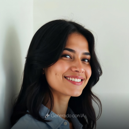 Mujer sonriente en primer plano y medio perfil, en oficina moderna, representando la innovación y calidez de BIT Technologies.