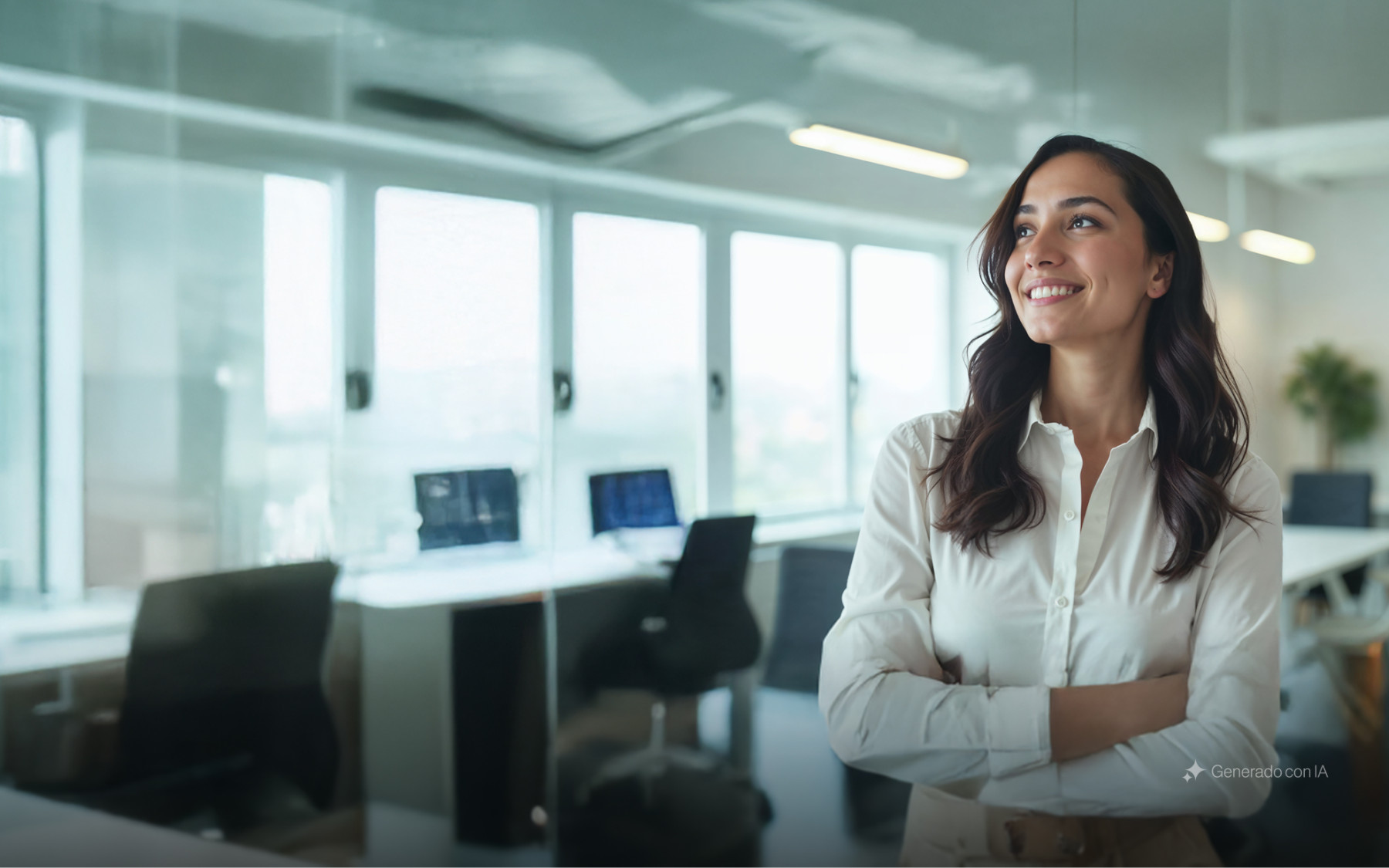 Mujer joven en oficina, sonriente y mirando al horizonte con expresión inspirada.