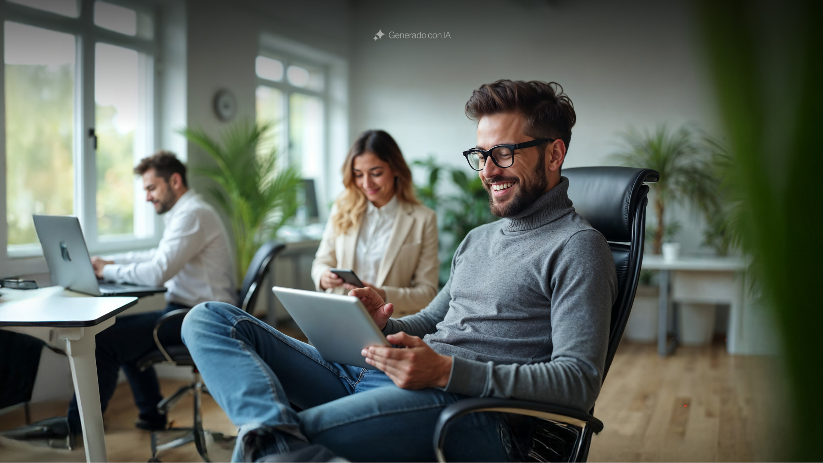 Hombre sonriente sentado de forma casual usando una tablet, con dos compañeros trabajando en laptops al fondo, en una oficina moderna con luz natural y plantas; imagen generada con IA representando el ambiente colaborativo y tecnológico de BIT Technologies.