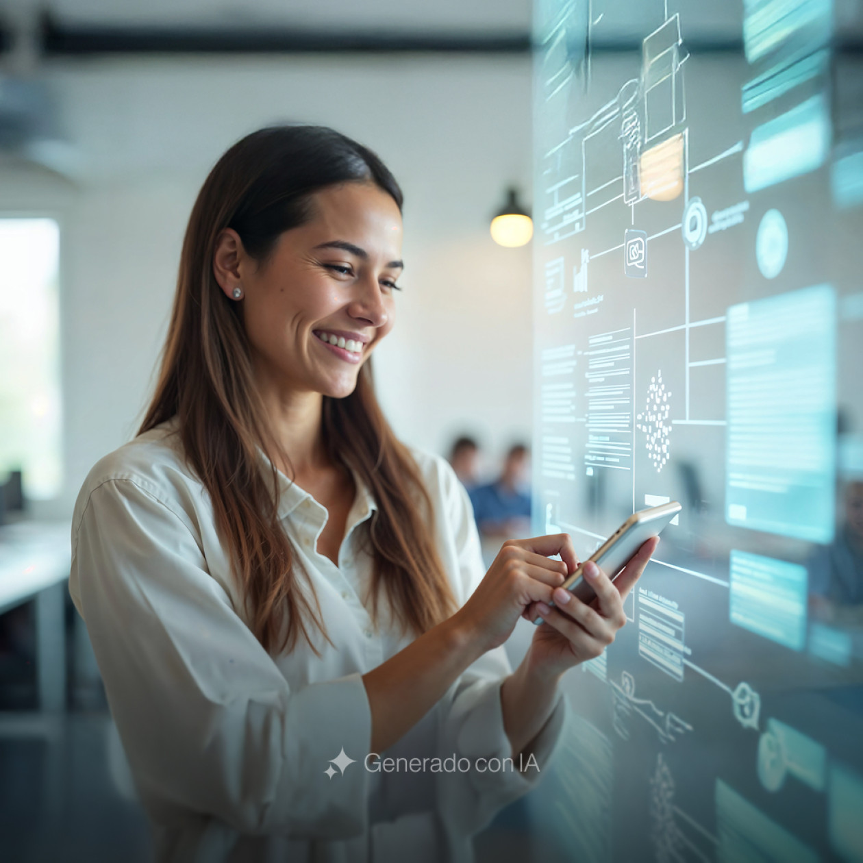 Mujer sonriente interactuando con una interfaz digital proyectada, en oficina moderna, simboliza la innovación, tecnología y empoderamiento de BIT Technologies.
