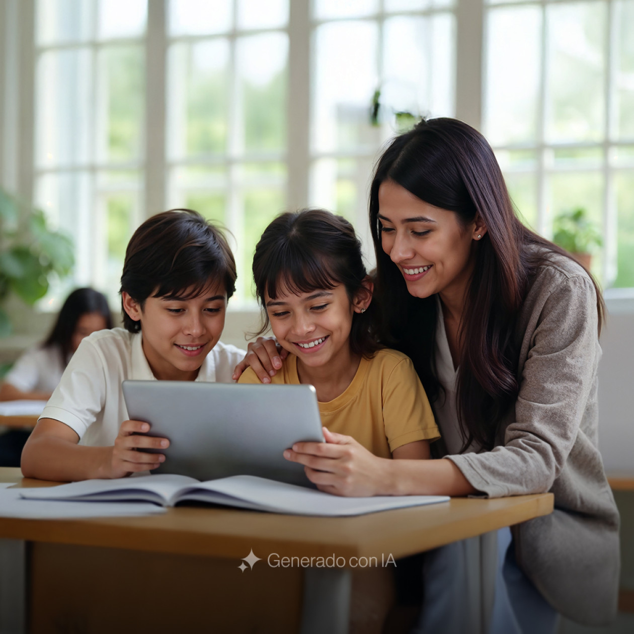 Mujer sonriente con dos niños observando una tablet, en oficina moderna, representa la calidez, innovación y enfoque humano de BIT Technologies.