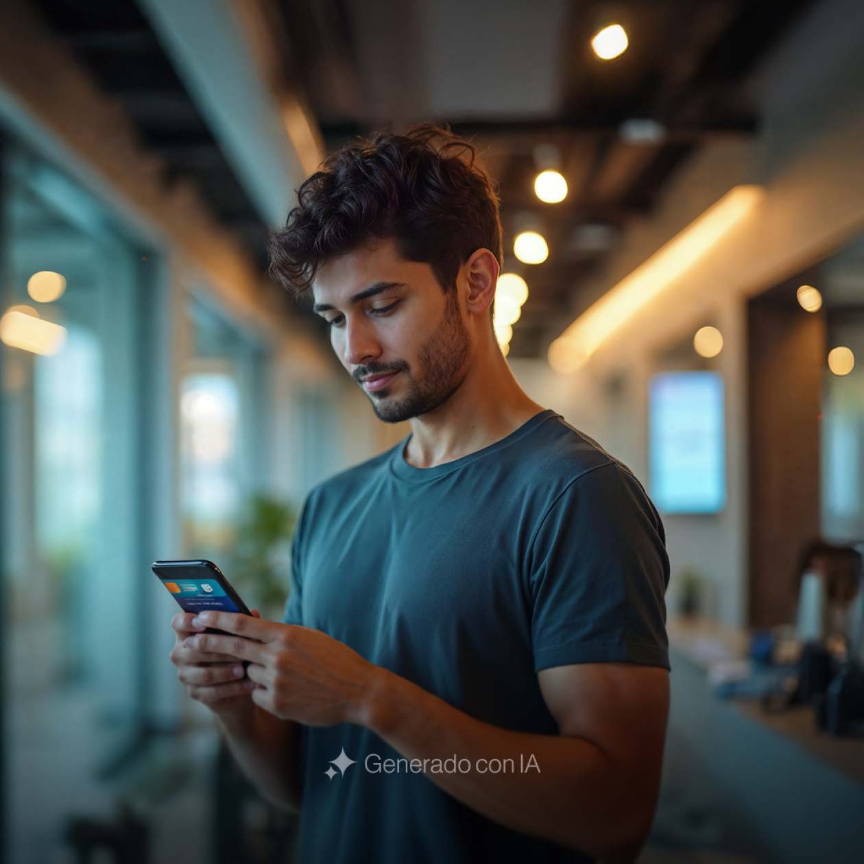 Hombre joven sonriente revisando su celular en oficina moderna con luz cálida, imagen generada con IA que representa la conexión tecnológica y calidez de BIT Technologies.