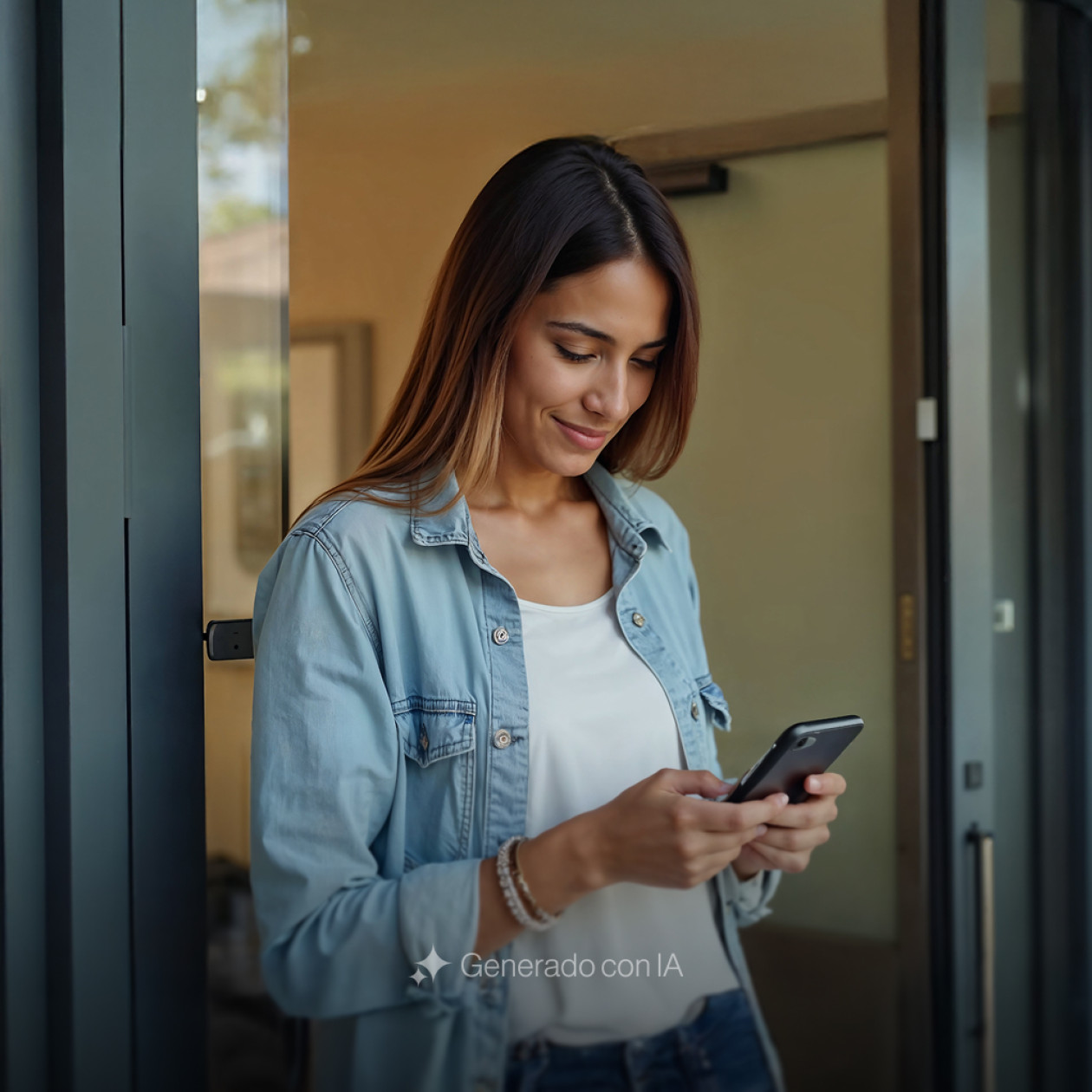 Mujer sonriente revisando su celular al salir de una oficina moderna, representa el dinamismo, confianza y accesibilidad de BIT Technologies.
