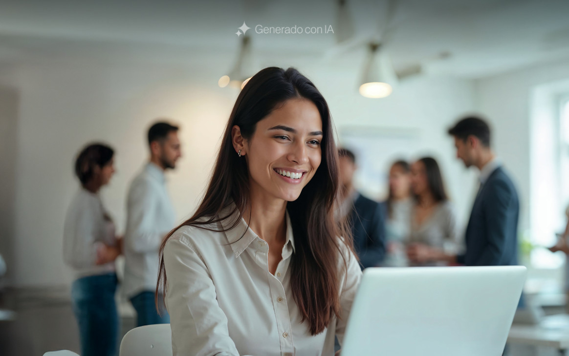 Mujer sonriente usando una laptop en su espacio de trabajo mientras al fondo personas conversan de forma difuminada, simulando un entorno colaborativo y profesional de BIT Technologies.