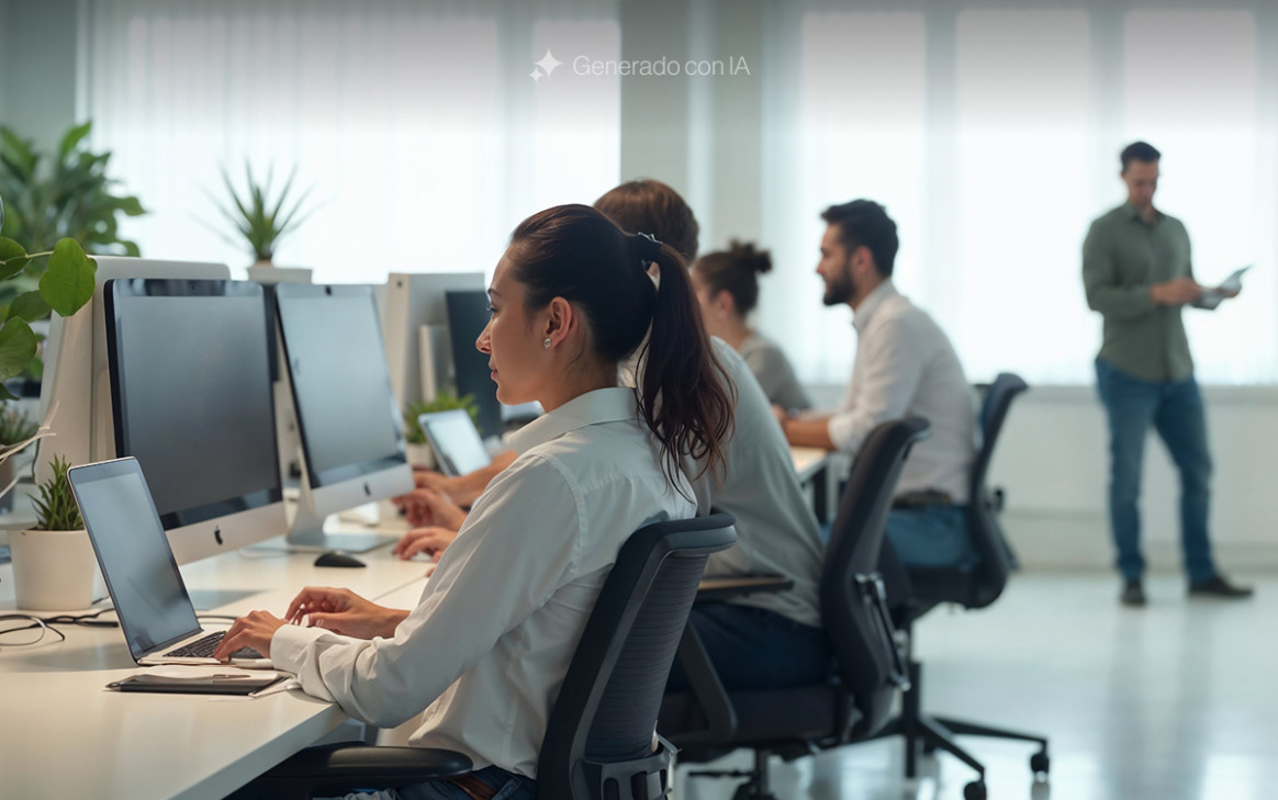 Tres personas trabajando en sus lugares usando laptops, en un entorno moderno que simula el ambiente colaborativo y profesional de BIT Technologies.