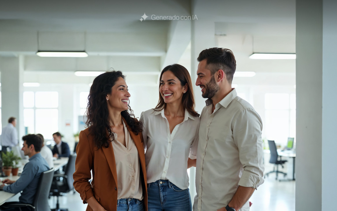 Tres personas sonrientes, dos mujeres y un hombre, en toma media dentro de un entorno profesional que simula ser parte del equipo de BIT Technologies.