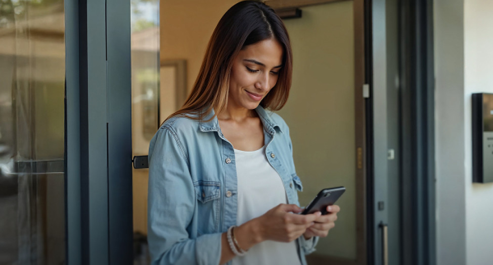 Mujer sonriente revisando su celular al salir de una oficina moderna, representa el dinamismo, confianza y accesibilidad de BIT Technologies.