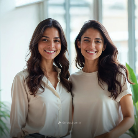 Dos mujeres sonrientes mirando al frente con actitud inspiradora y segura, dentro de una oficina moderna que representa el entorno humano y profesional de BIT Technologies.