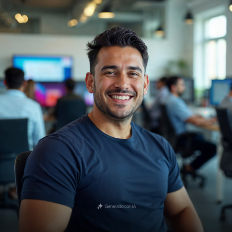 Ambiente laboral positivo con un joven sonriente y equipo concentrado en laptops, imagen generada por IA.