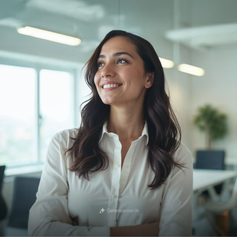 Mujer joven en oficina, sonriente y mirando al horizonte con expresión inspirada.